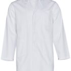 A white lab coat with long sleeves and a collar, featuring a button front and two lower pockets.