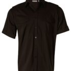 Black short-sleeve button-up shirt with a classic collar and two chest pockets, designed for a casual or semi-formal look.