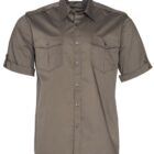 Olive green, short-sleeve button-up shirt with epaulets on the shoulders and two front chest pockets. The sleeves have roll-up tabs, and the shirt features a classic collar.