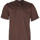 Brown short-sleeve button-up shirt with two chest pockets and buttoned shoulder straps, displayed against a white background.