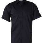 Black short-sleeve button-up shirt with a collar. Features two chest pockets with button flaps and shoulder epaulets. Sleeves can be rolled up and secured with buttoned tabs.