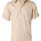 A beige short-sleeve button-up shirt with a collar and two front chest pockets. The sleeves are rolled up slightly, and there are shoulder epaulets for added detail.