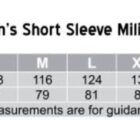 Size chart for M7911 Mens Short Sleeve Military Shirt showing chest and body length measurements in centimeters for sizes S to 5XL. Measurements are for guidance only.