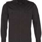 A black button-up shirt with long sleeves, two chest pockets, and shoulder epaulets is displayed against a white background.