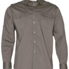 A long-sleeved olive green button-up shirt with two chest pockets and buttoned flaps. The shirt features epaulettes on the shoulders.