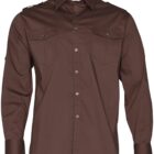 A long-sleeved brown button-up shirt with two chest pockets and buttoned flaps. The design includes shoulder epaulettes, and the cuffs are buttoned.