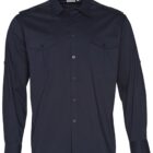 A dark blue long-sleeve button-up shirt with two chest pockets. The shirt has collar and button details, and its neatly pressed.