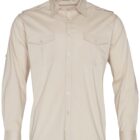A beige long-sleeve button-up shirt with two chest pockets and shoulder epaulets.