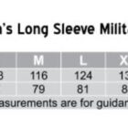 Size chart for Mens Long Sleeve Military Shirt, M7912. Sizes range from S to 5XL. Chest measurements: 108-156 cm. Body length: 77-89 cm. Tailored fit. Measurements are for guidance only.