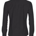 Back view of a long-sleeved, black dress shirt with a collar. The shirt has a simple design with buttoned cuffs and no visible patterns or embellishments.