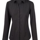 Black, long-sleeved, button-up shirt with a classic collar. The shirt is neatly pressed, featuring six buttons and a structured fit. Suitable for formal or business occasions.