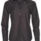 A black long-sleeve button-up shirt displayed against a white background. The shirt features a classic collar and five visible buttons down the front.