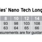 Size chart for M8002 Ladies’ Nano Tech Long Sleeve Shirt, showing sizes from 6 to 24. Includes chest measurements (88–140) and body length measurements (62–71) in centimeters. Regular fit, with measurements for guidance only.