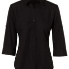 A black collared button-up shirt with 3/4 sleeves. The shirt has a fitted design, rolled-up sleeve tabs, and black buttons.