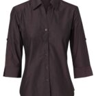 A dark brown button-up shirt with three-quarter sleeves and a collar. The shirt has a fitted design and visible buttons along the front.