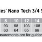 Size chart for Ladies Nano Tech 3/4 Sleeve Shirt, Model M8003. Sizes range from 6 to 24, with chest measurements from 88 cm to 140 cm and body length from 62 cm to 71 cm. Regular fit. Measurements are for guidance only.