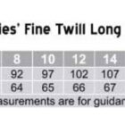 Size chart for a ladies fine twill long sleeve shirt. Sizes range from 6 to 24. Chest measurements go from 87 cm to 140 cm, and body length varies from 63 cm to 72 cm. Tailored fit with measurements for guidance only.