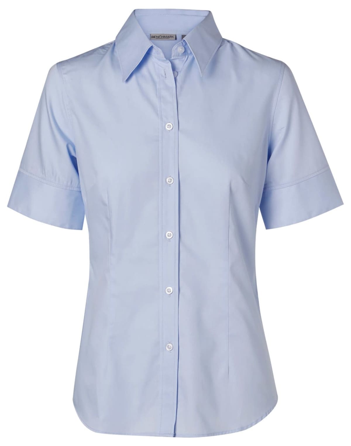 Light blue, short-sleeve, button-up womens shirt with a collar, on a white background.
