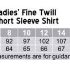 Sizing chart for ladies short sleeve shirts showing chest and body length in centimeters.