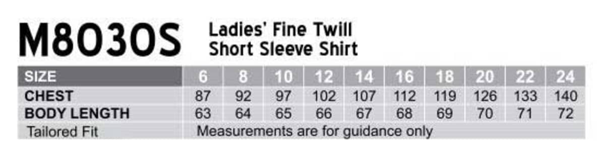 Sizing chart for ladies short sleeve shirts showing chest and body length in centimeters.