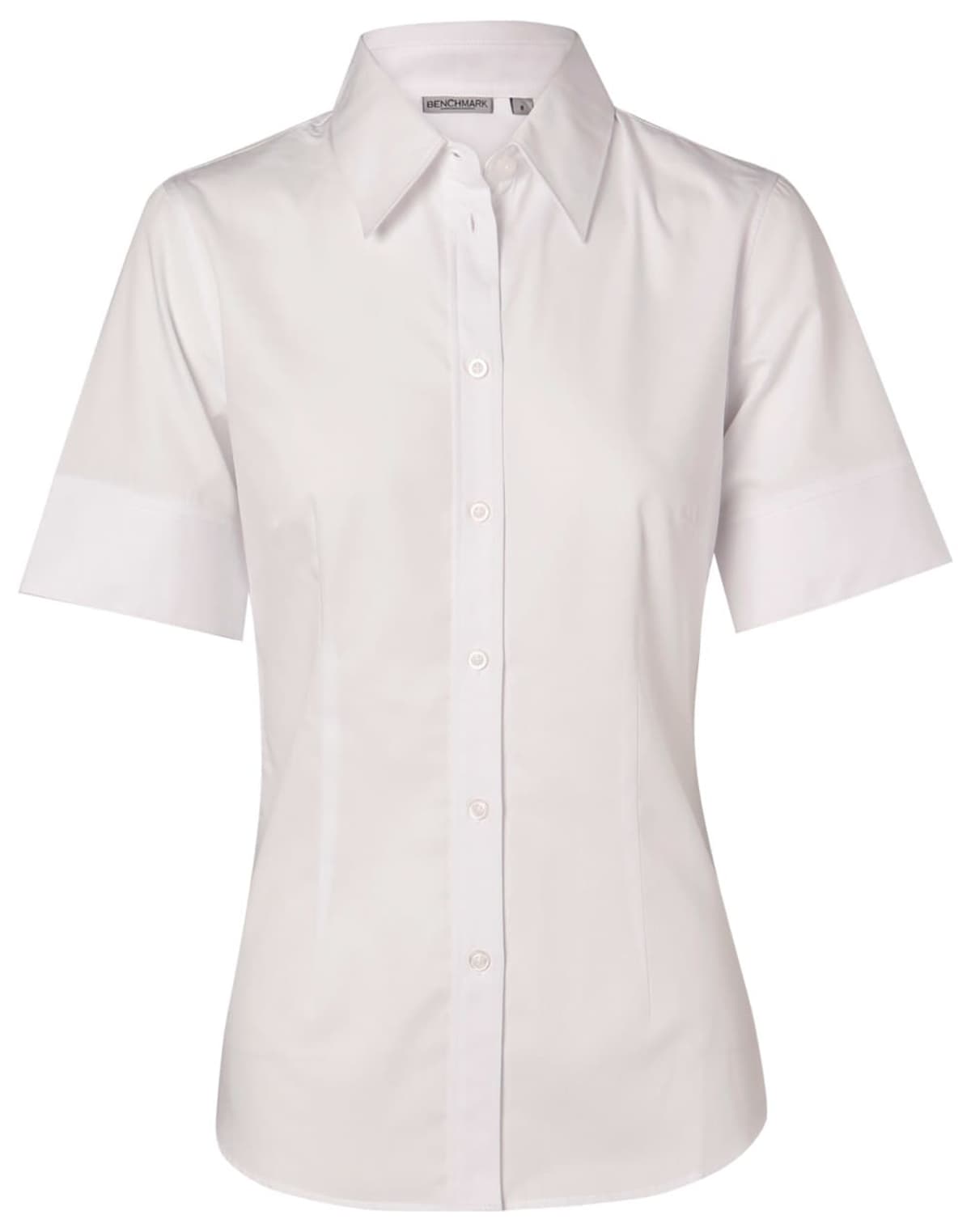 White short-sleeve, button-up womens shirt with a collar, displayed on a plain background.