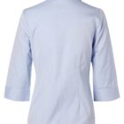 Back view of a light blue collared shirt with three-quarter sleeves.