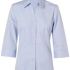Light blue button-up blouse with three-quarter sleeves on a white background.