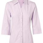 Light pink button-up blouse with three-quarter sleeves and a collar.
