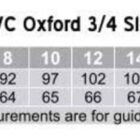 Size chart for ladies CVC Oxford 3/4 sleeve shirt, sizes 6 to 24 by chest and body length.