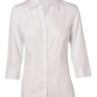 White button-up blouse with a collar and three-quarter sleeves.
