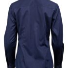 Back view of a navy blue button-up shirt with long sleeves.