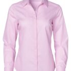 Light pink long-sleeve collared shirt, buttoned up with a label near the collar.