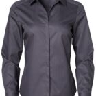 Dark gray long-sleeve button-up shirt with a collar, displayed on a plain white background.