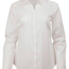 White long-sleeve button-up shirt on a plain background.