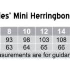 Size chart for Ladies Mini Herringbone 3/4 Sleeve Shirt, style M8113. Sizes 6 to 24 are listed with chest measurements from 88 to 140 cm and body lengths from 62 to 71 cm. Regular fit, measurements for guidance only.