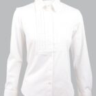 White dress shirt with long sleeves and a pleated front design. It has a classic collar and button-up closure. The shirt is displayed against a plain gray background.