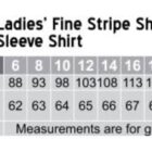 Size chart for Ladies Fine Stripe Short Sleeve Shirt, style M8211. Sizes 6 to 24 are listed. Chest measurements: 88–140 cm. Body length: 62–71 cm. Regular fit. Measurements are for guidance only.