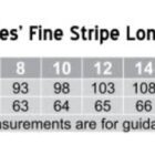Size chart for M8212 Ladies Fine Stripe Long Sleeve Shirt, listing sizes 6 to 24. Measurements include chest (88-140 cm) and body length (62-71 cm) for each size. It notes a regular fit and that measurements are for guidance only.