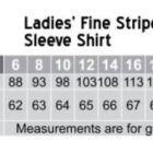 Size chart for Ladies’ Fine Stripe 3/4 Sleeve Shirt, model M8213. Sizes 6-24, showing chest measurements (88-140 cm) and body length (62-71 cm). Regular fit. Measurements are for guidance only.