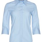 A light blue, long-sleeved button-up shirt with white vertical pinstripes and a classic collar. The shirt has a tailored fit and is displayed against a plain white background.