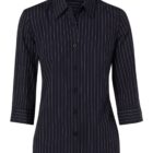 A black, button-up shirt with white vertical pinstripes. It features a classic collar and three-quarter length sleeves.