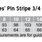 Size chart for M8223 Ladies Pin Stripe 3/4 Sleeve Shirt. Sizes 6-24 with chest measurements ranging from 88-140 cm and body length from 62-71 cm. Regular fit. Measurements are for guidance only.