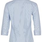 Back view of a light blue and white striped long-sleeve dress shirt. The shirt has buttoned cuffs and a classic collar, with sleeves rolled up to a three-quarter length.