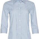 Blue and white vertically striped button-up shirt with a collar and three-quarter length sleeves.