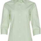 Light green-striped dress shirt with a collared neckline and three-quarter sleeves. Features button-down front and tailored fit.