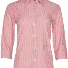 Red and white vertically striped button-up shirt with three-quarter length sleeves, featuring a collar and front buttons. The pattern is evenly spaced with alternating stripes.