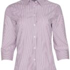 A womens button-up shirt with thin vertical red and white stripes. It has long sleeves, a collar, and white buttons down the front.