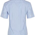 Back view of a short-sleeved, blue and white pinstriped shirt with button details on the sleeves. The shirt has a classic collar and appears tailored.