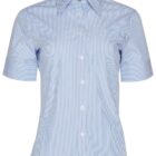 A short-sleeved, light blue and white vertical striped button-down shirt is shown against a plain background. The shirt features a classic collar and white buttons down the front.