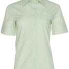 Light green and white striped short-sleeve button-up shirt with a pointed collar and a subtle chest pocket detail.